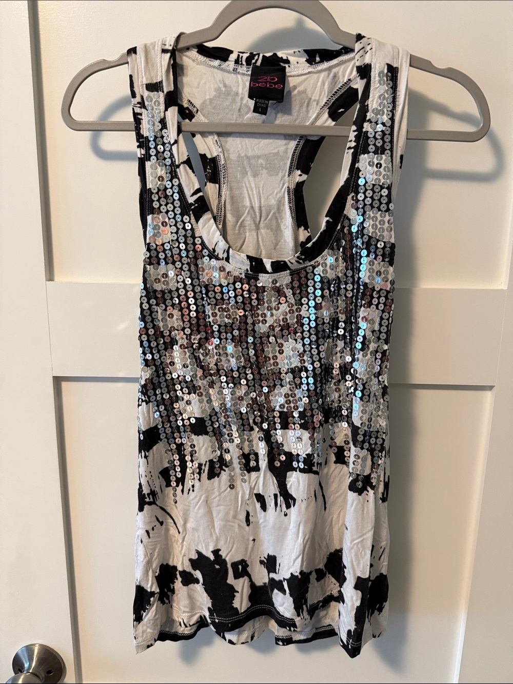 bebe White and Black Sequin Tank Top